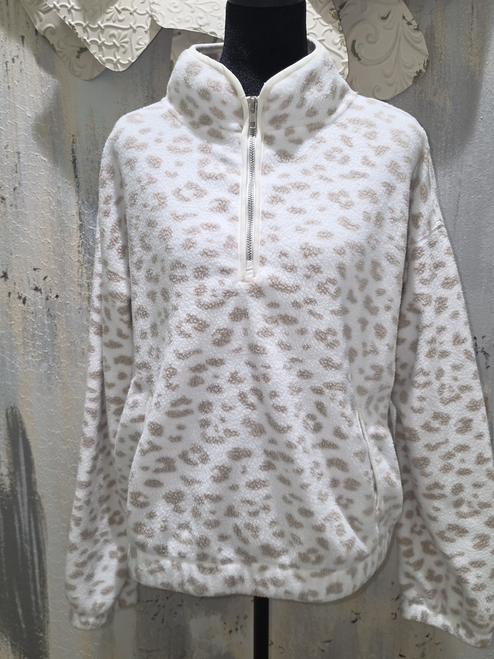 Thread & Supply White Half-Zip Fleece with Taupe Leopard Print
